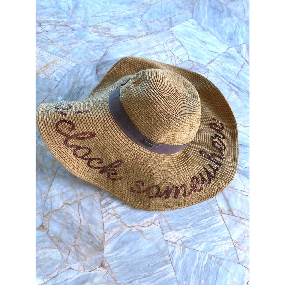 Sun N Sand Straw Sun Hat 5 O'Clock Somewhere Sequin Wide Brim Floppy Tan Brown